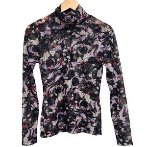 BCBG Max Azria NWT Mesh Floral Lace Turtleneck Long Sleeve‎ Top Purple Small S